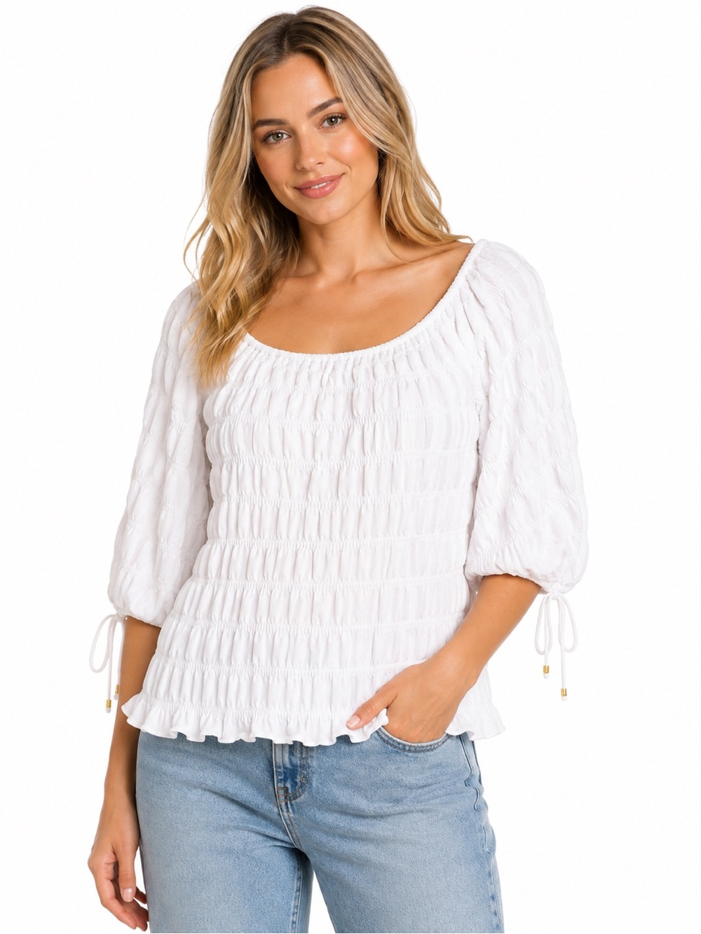Women’s White Smocked Round Neck Top 1021